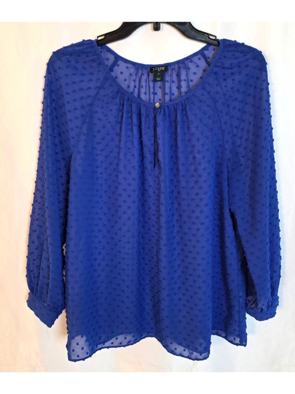 J.Crew Swiss Dot Chiffon Blouse Size S Royal Blue Peasant Long Sleeve